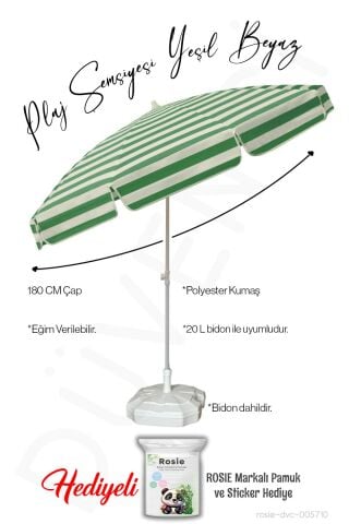 Plaj Şemsiyesi BİDONLU Yeşil Beyaz 180 CM Çap 8 Telli Eğim Verilir ve rosie hediye