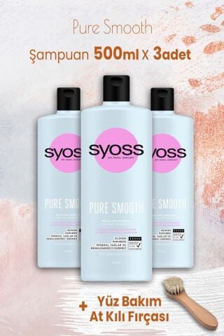 Syoss Pure Smooth Şampuan 500 ml x 3 Adet ve Yüz Bakım At Kılı Fırçası