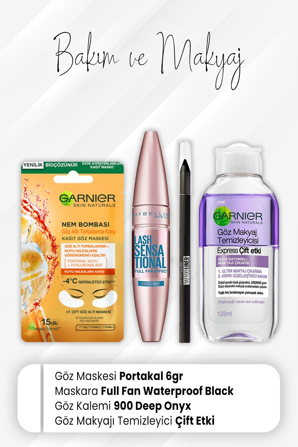 Garnier Göz Maskesi Portakal, Lash Sensational Waterproof, Göz Kalemi 900 Deep Onyx ve Express Çift Etki 125 ml