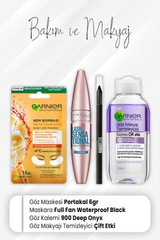 Garnier Göz Maskesi Portakal, Lash Sensational Waterproof, Göz Kalemi 900 Deep Onyx ve Express Çift Etki 125 ml