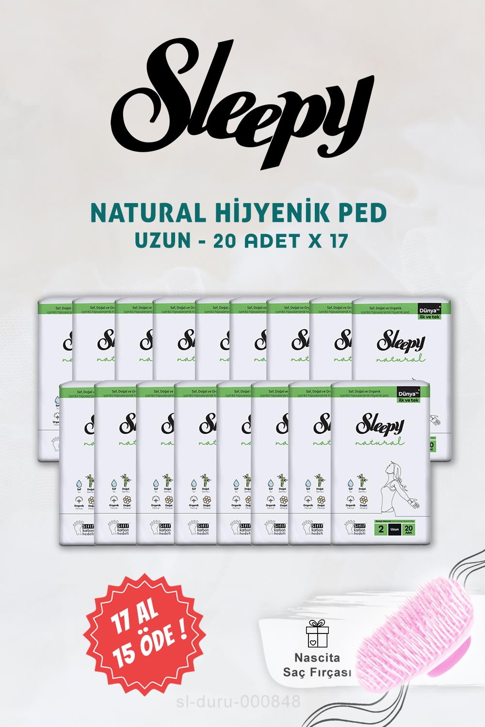 17 AL 15 ÖDE Sleepy Natural Ultra Hassas Hijyenik 20 li Uzun Ped ve Saç Fırçası
