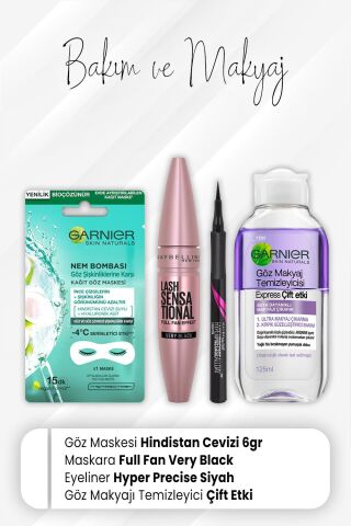 Garnier Göz Maskesi Hindistan Cevizi, Maskara Full Fan Very Black, Eyeliner Hyper Siyah ve Express Çift Etki 125 ml