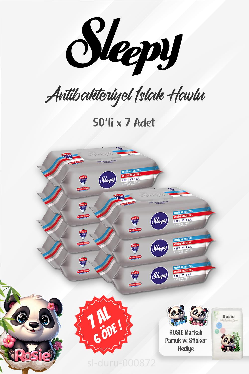 7 AL 6 ÖDE Sleepy Antibakteriyel Islak Havlu 50 li Gri Paket ve ROSIE Pamuk 60'lı