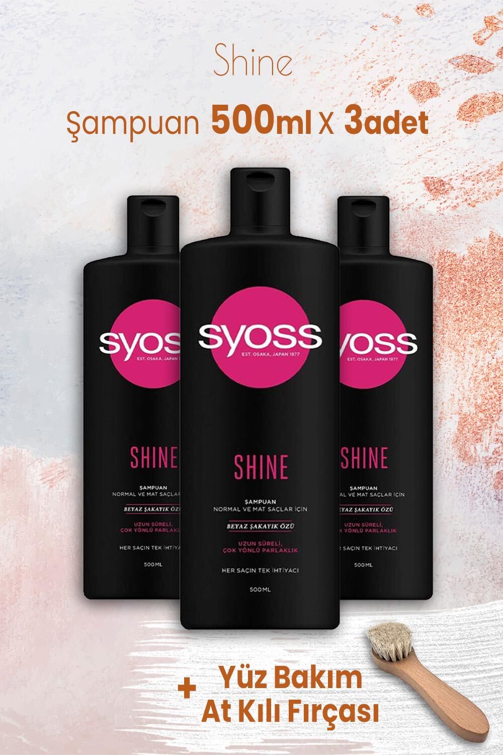 Syoss Şampuan Shine 500 ml x 3 Adet ve Yüz Bakım At Kılı Fırçası