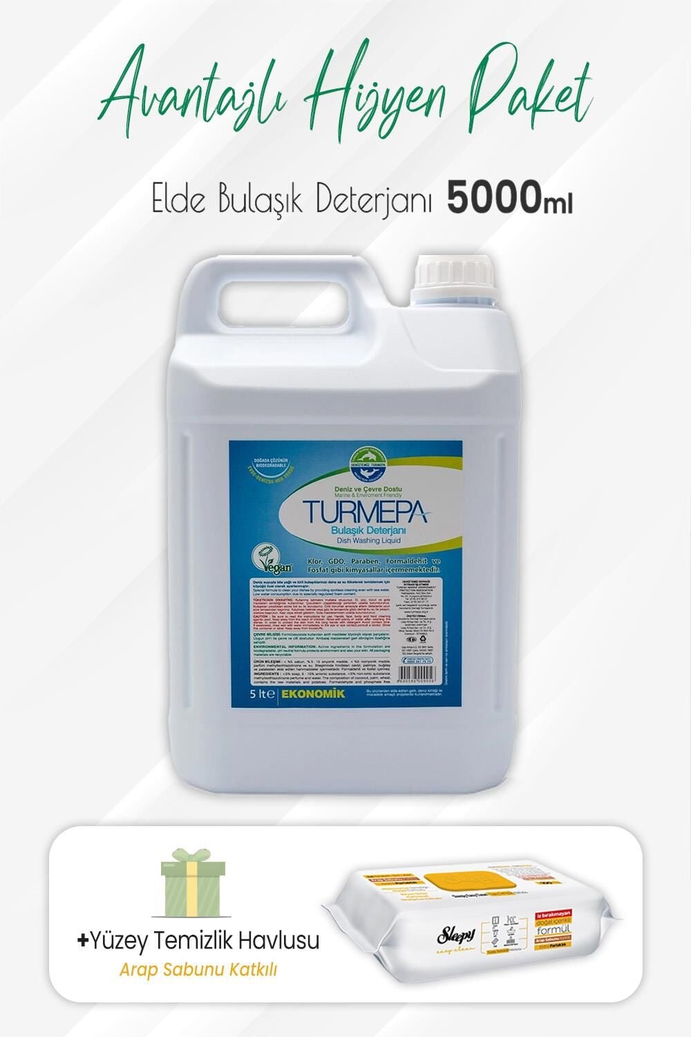Turmepa Elde Yıkama Bulaşık Deterjanı 5 lt ve Arap Sabunlu Yüzey Temizlik 100' lü