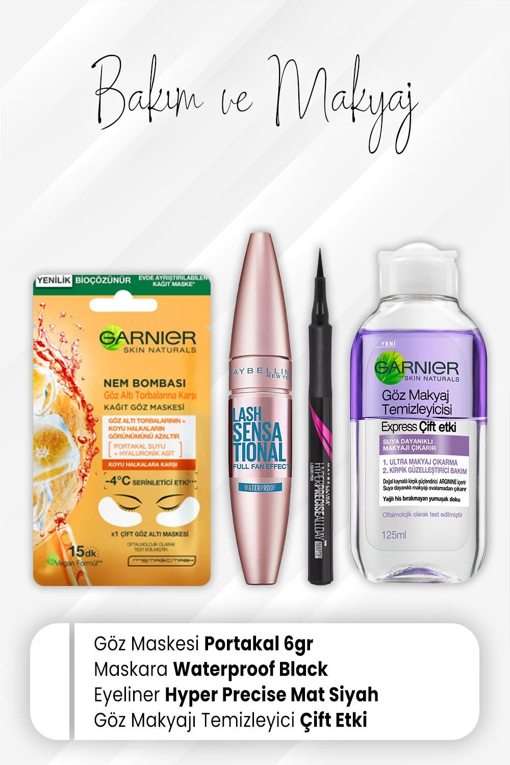 Garnier Göz Maskesi Portakal, Lash Sensational Waterproof, Eyeliner Hyper Mat Siyah ve Express Çift Etki 125 ml