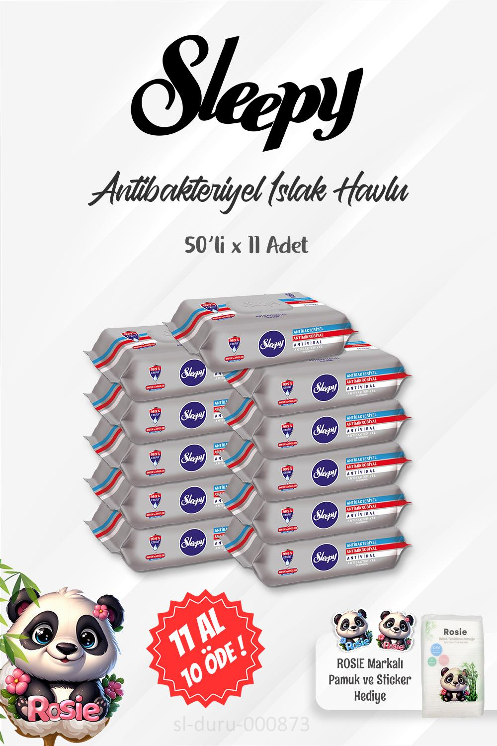11 AL 10 ÖDE Sleepy Antibakteriyel Islak Havlu 50 li Gri Paket ve ROSIE Pamuk 60'lı