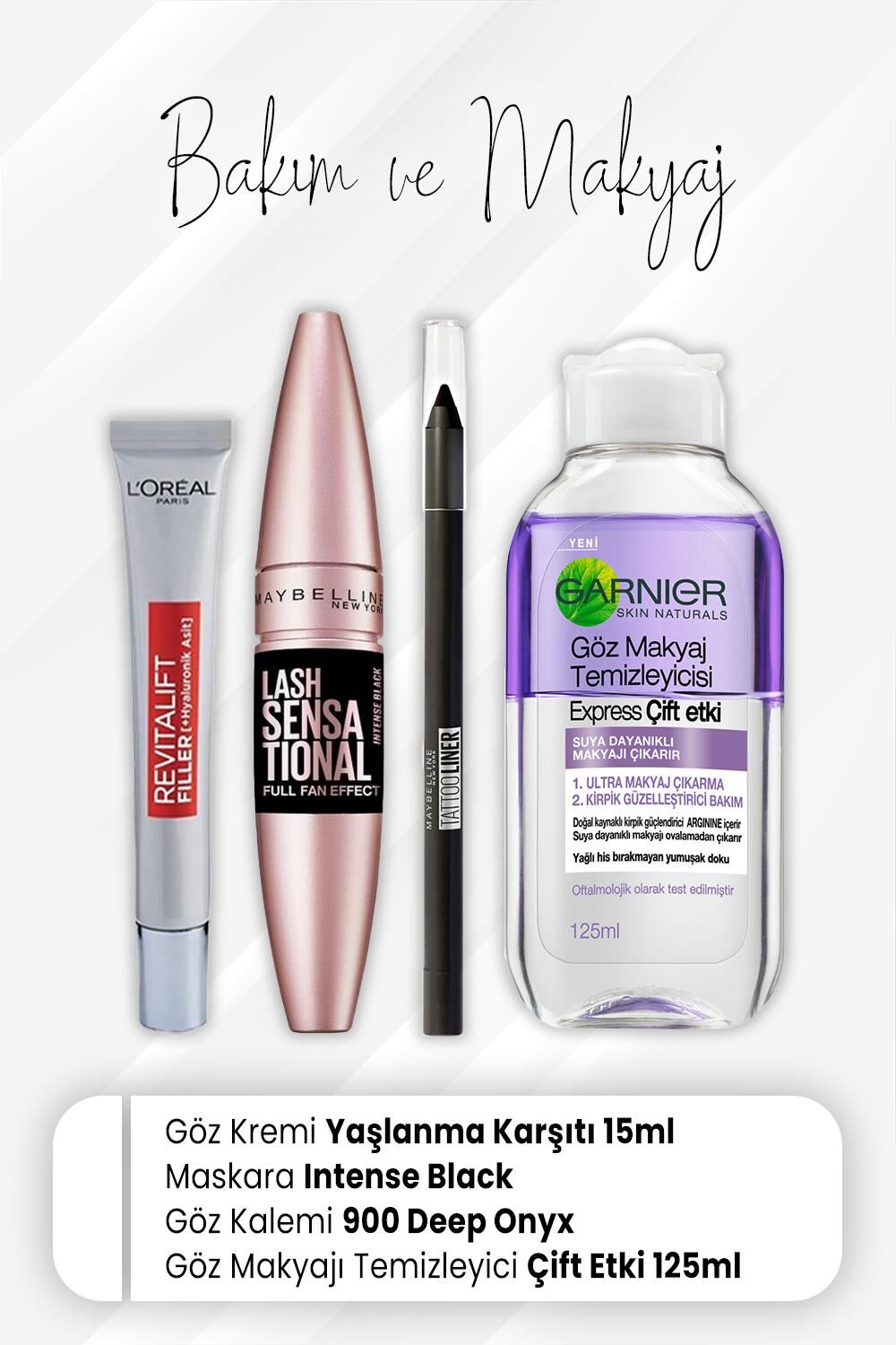 Loreal Paris Revitalift Filler Göz Kremi 15 ml, Full Fan Intense Black, Tattoo Liner 900 Deep Onyx ve Express Çift Etki 125 ml