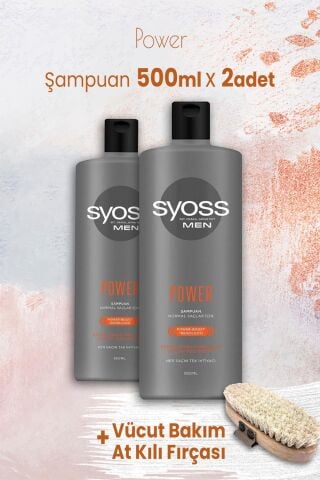 Syoss Men Power Şampuan 500 ml x 2 Adet ve Vücut Bakım At Kılı Fırçası
