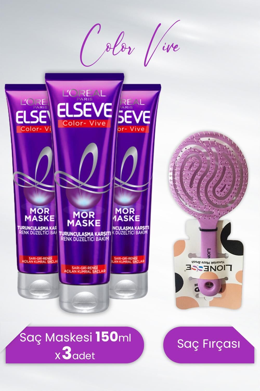 Elseve Color Vive Mor Maske Turunculaşma Karşıtı 150 ml  x 3 Adet ve Tarko Lionesse Saç Fırçası Yuvarlak Mor