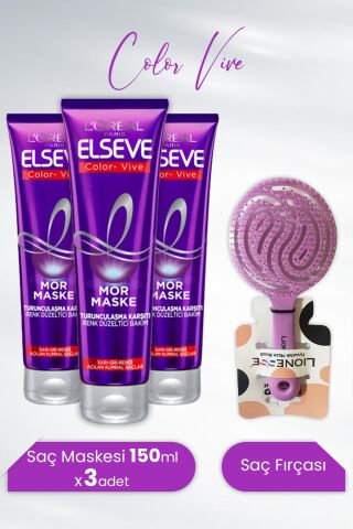 Elseve Color Vive Mor Maske Turunculaşma Karşıtı 150 ml  x 3 Adet ve Tarko Lionesse Saç Fırçası Yuvarlak Mor