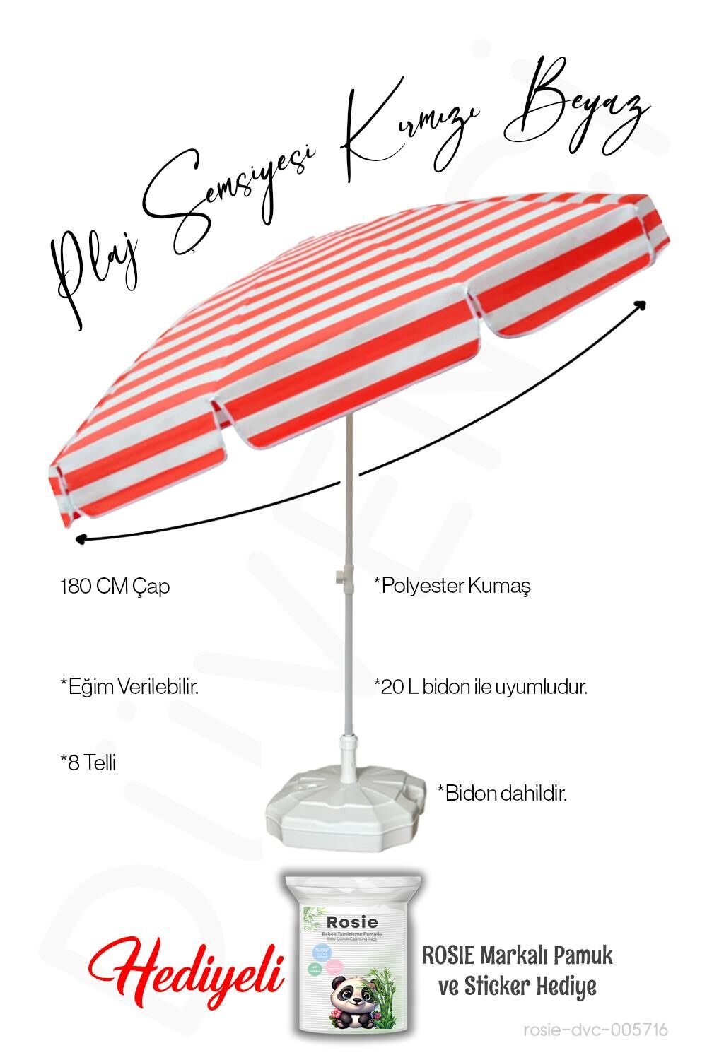 Plaj Şemsiyesi Kırmızı Beyaz Renk BİDONLU 180 CM Çap 8 Telli Eğim Verilir ve rosie hediye