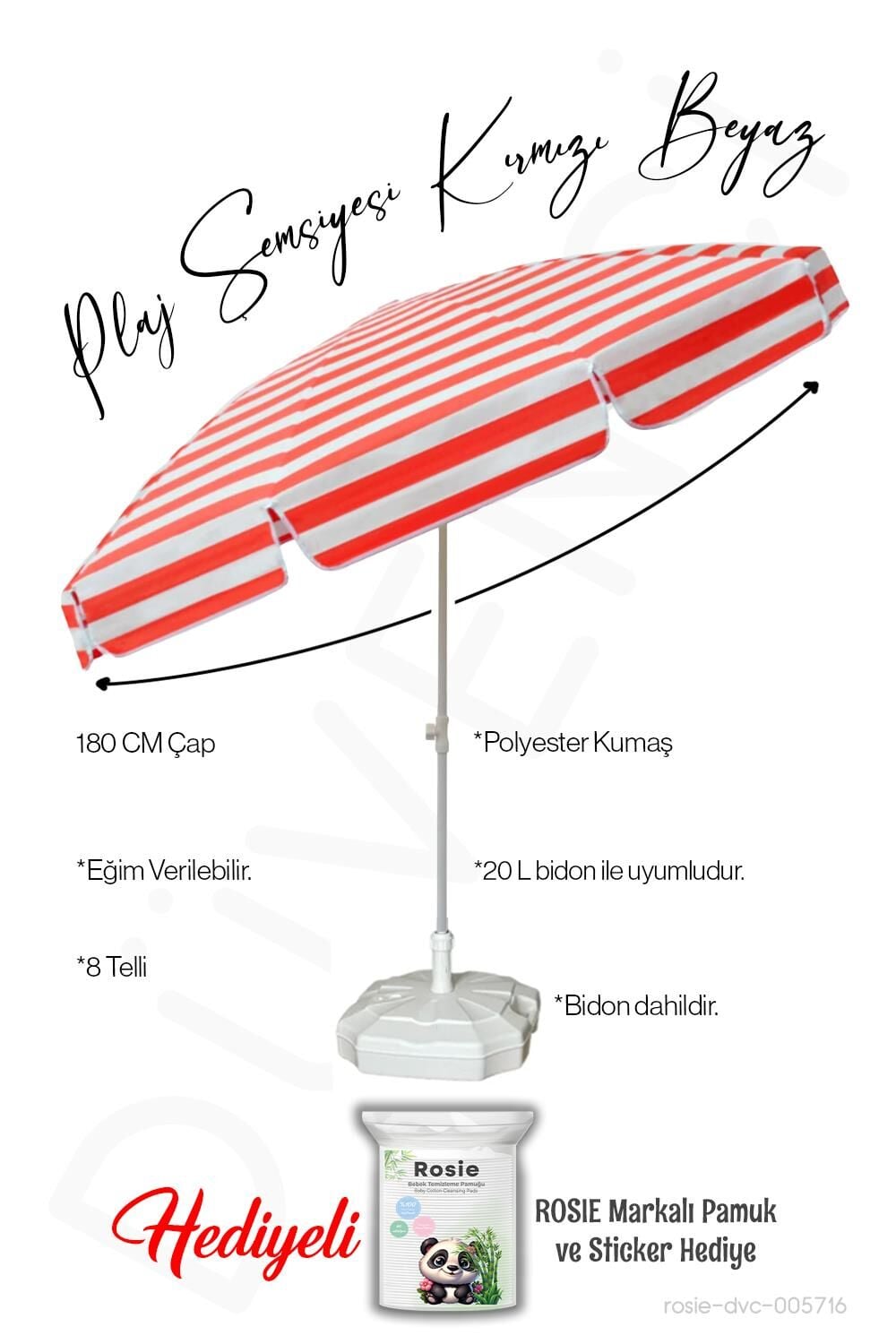 Plaj Şemsiyesi Kırmızı Beyaz Renk BİDONLU 180 CM Çap 8 Telli Eğim Verilir ve rosie hediye