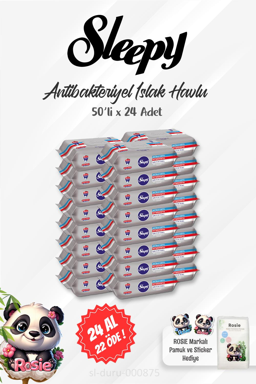 24 AL 22 ÖDE Sleepy Antibakteriyel Islak Havlu 50 li Gri Paket ve ROSIE Pamuk 60'lı