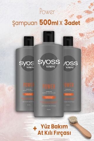Syoss Men Power Şampuan 500 ml x 3 Adet ve Yüz Bakım At Kılı Fırçası