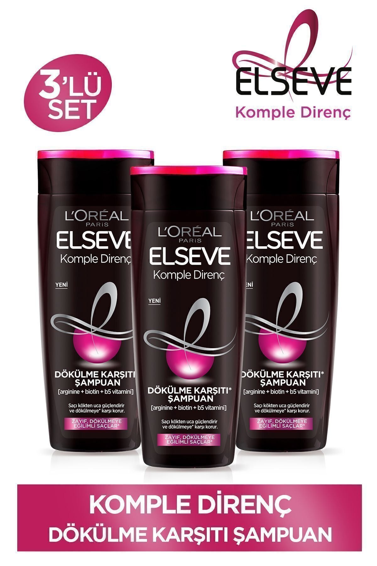 Elseve Komple Direnç Dökülme Karşıtı Şampuan 390 ml 3'lü Set