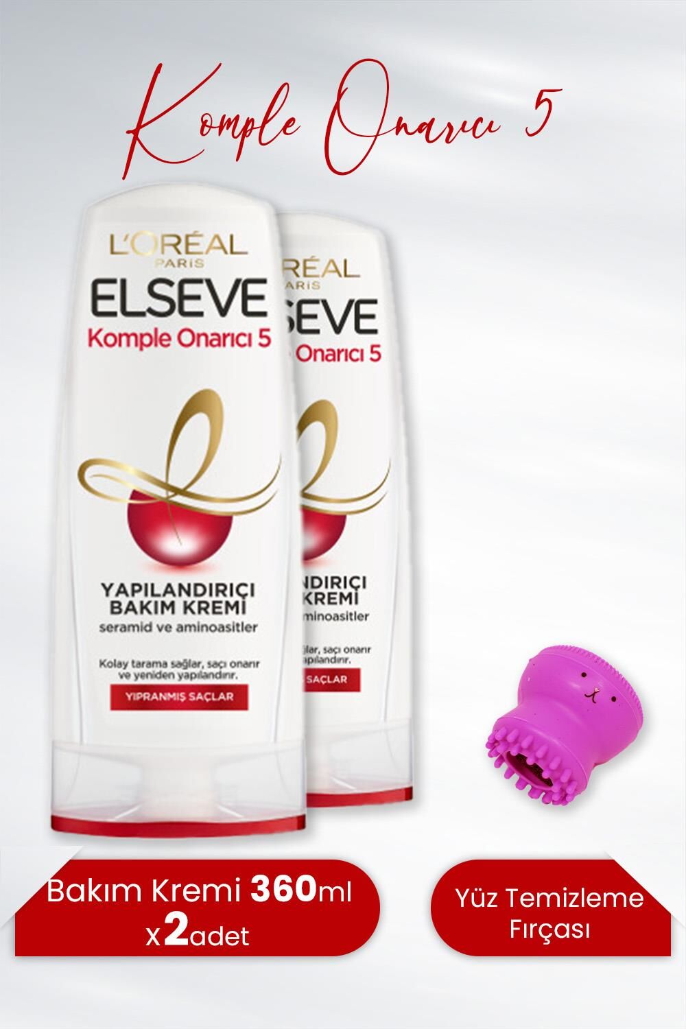 Elseve Komple Onarıcı 5 Bakım Kremi 360 ml x 2 Adet ve Tarko Yüz Temizleme Fırçası Koyu Pembe