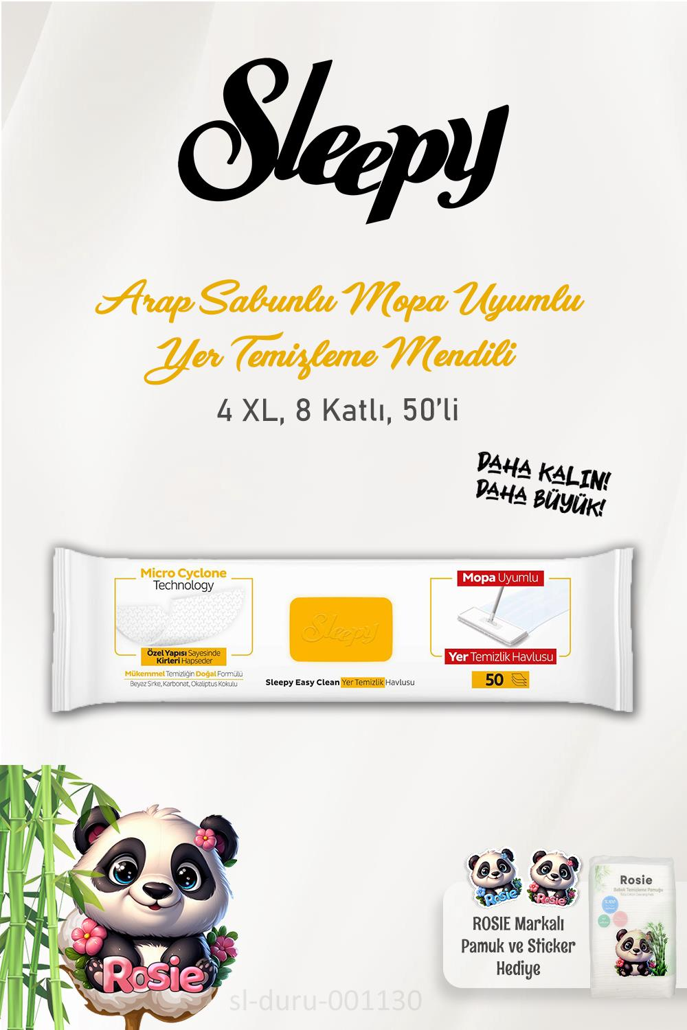 Sleepy Arap Sabunu Katkılı Mopa Uyumlu 4 XLarge Yer Temizlik Havlusu 50 Yaprak ve ROSIE Pamuk