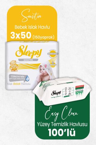 Sleepy Sensitive Islak Bebek Mendil 3 x 50 Adet ve Temizlik Havlusu 100' lü