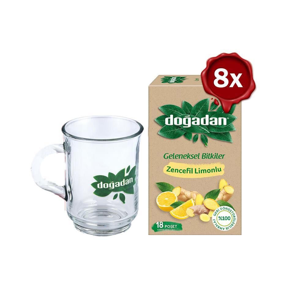 Doğadan Zencefil Limonlu Bitki Çayı 18'li x 8 ve Doğadan Cam Bardak Hediyeli