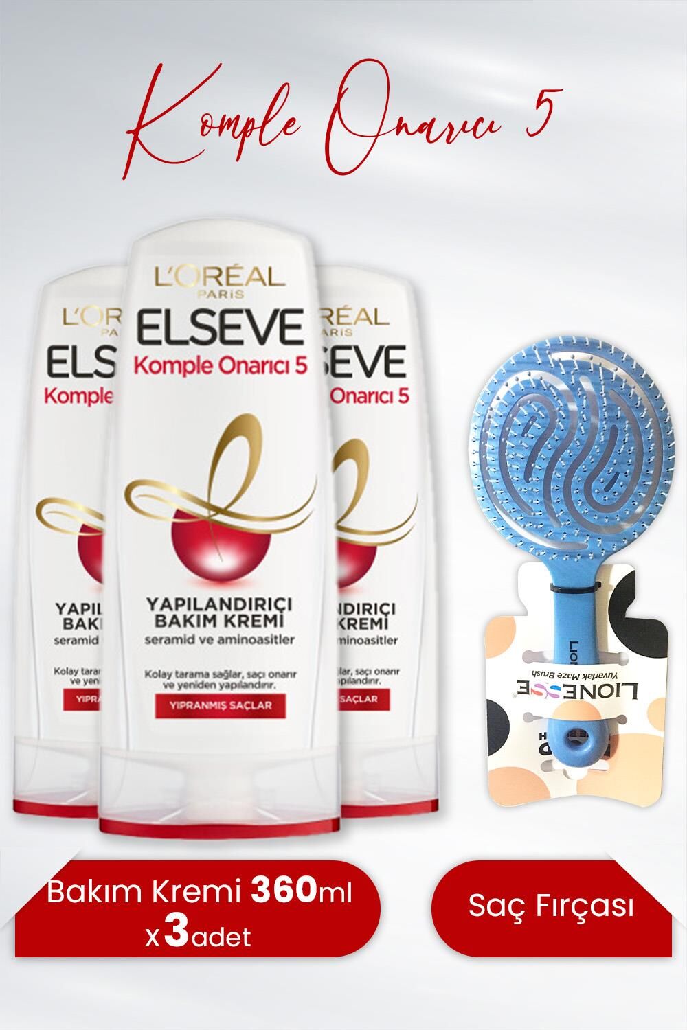 Elseve Komple Onarıcı 5 Bakım Kremi 360 ml x 3 Adet ve Tarko Lionesse Saç Fırçası Yuvarlak Mavi
