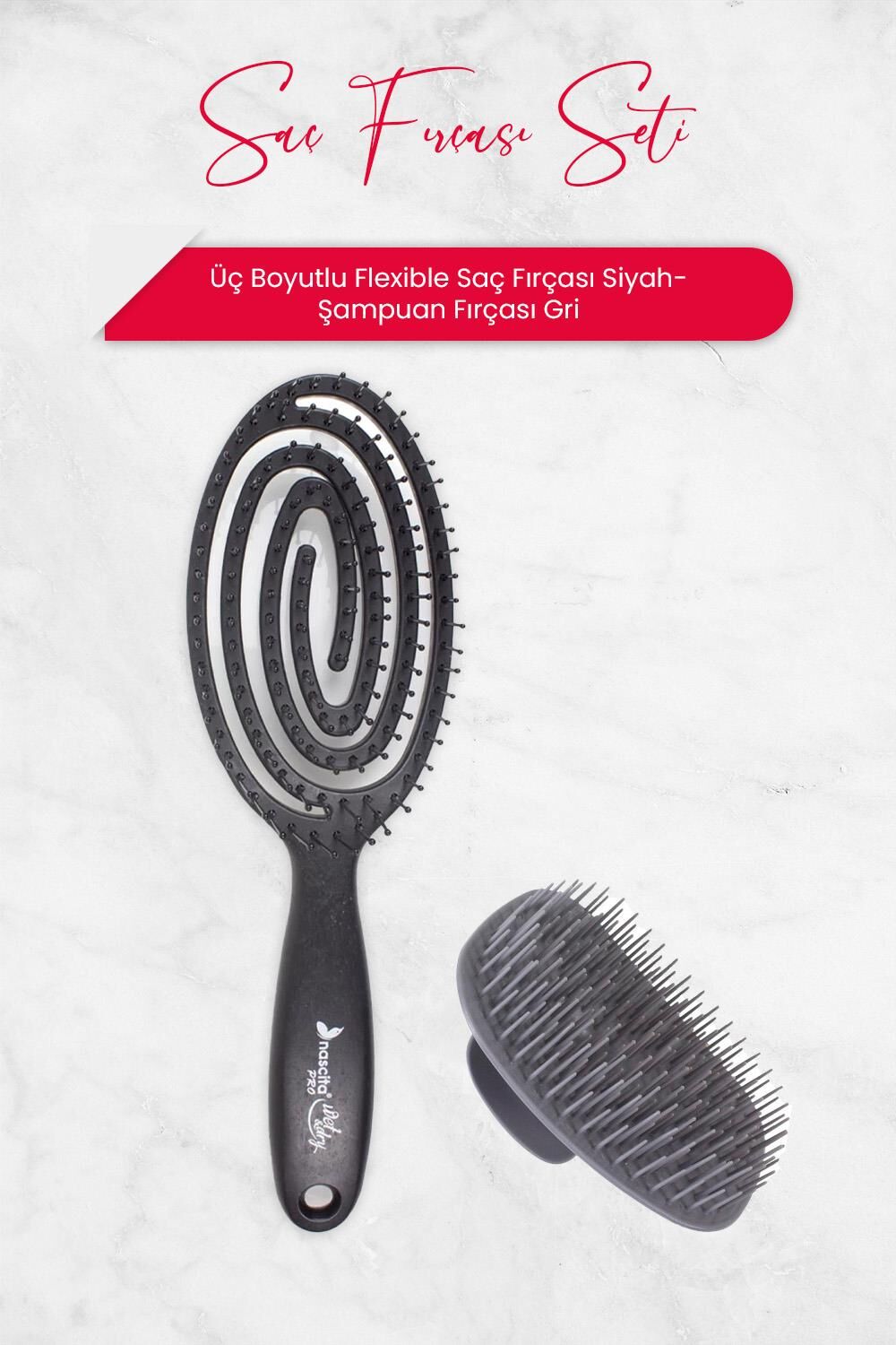 Nascita Üç Boyutlu Flexible Saç Fırçası Siyah ve Şampuan Fırçası Gri
