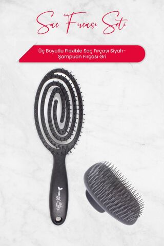 Nascita Üç Boyutlu Flexible Saç Fırçası Siyah ve Şampuan Fırçası Gri