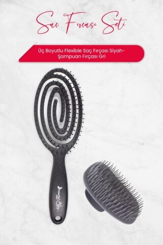 Nascita Üç Boyutlu Flexible Saç Fırçası Siyah ve Şampuan Fırçası Gri