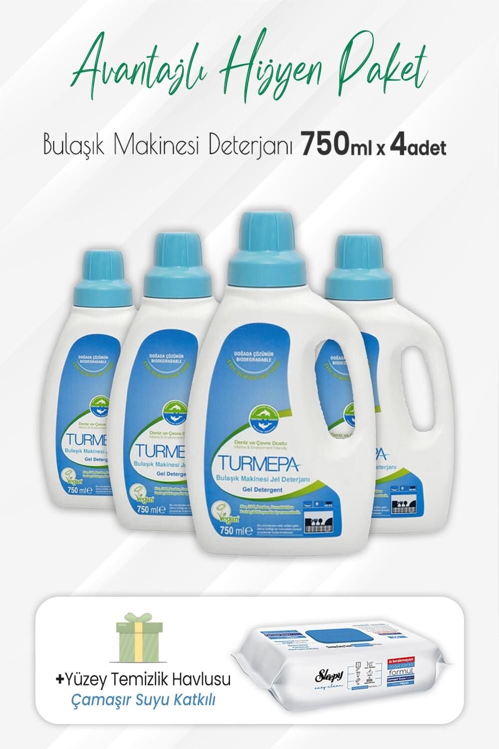 Turmepa Jel Bulaşık Makinesi 750 ml x 4 Adet ve Çamaşır Sulu Yüzey Temizlik 100' lü