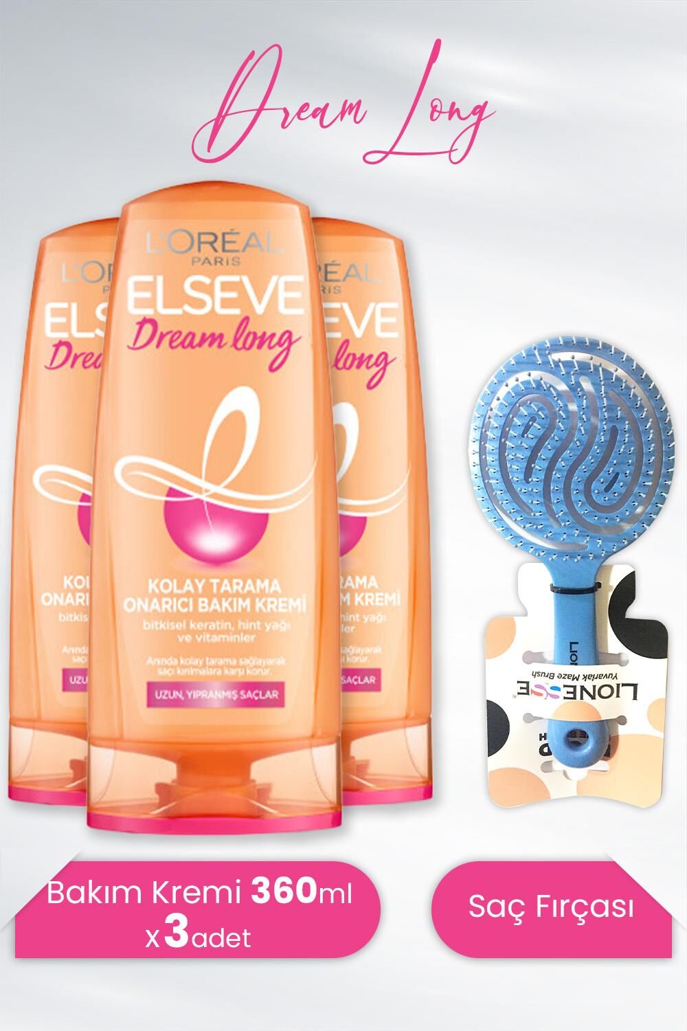 Elseve Dream Long Onarıcı Bakım Kremi 360 ml x 3 Adet ve Tarko Saç Fırçası Mavi