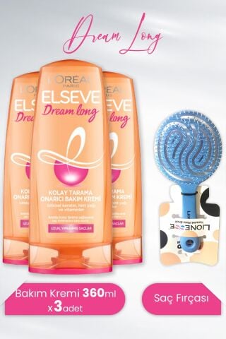 Elseve Dream Long Onarıcı Bakım Kremi 360 ml x 3 Adet ve Tarko Saç Fırçası Mavi