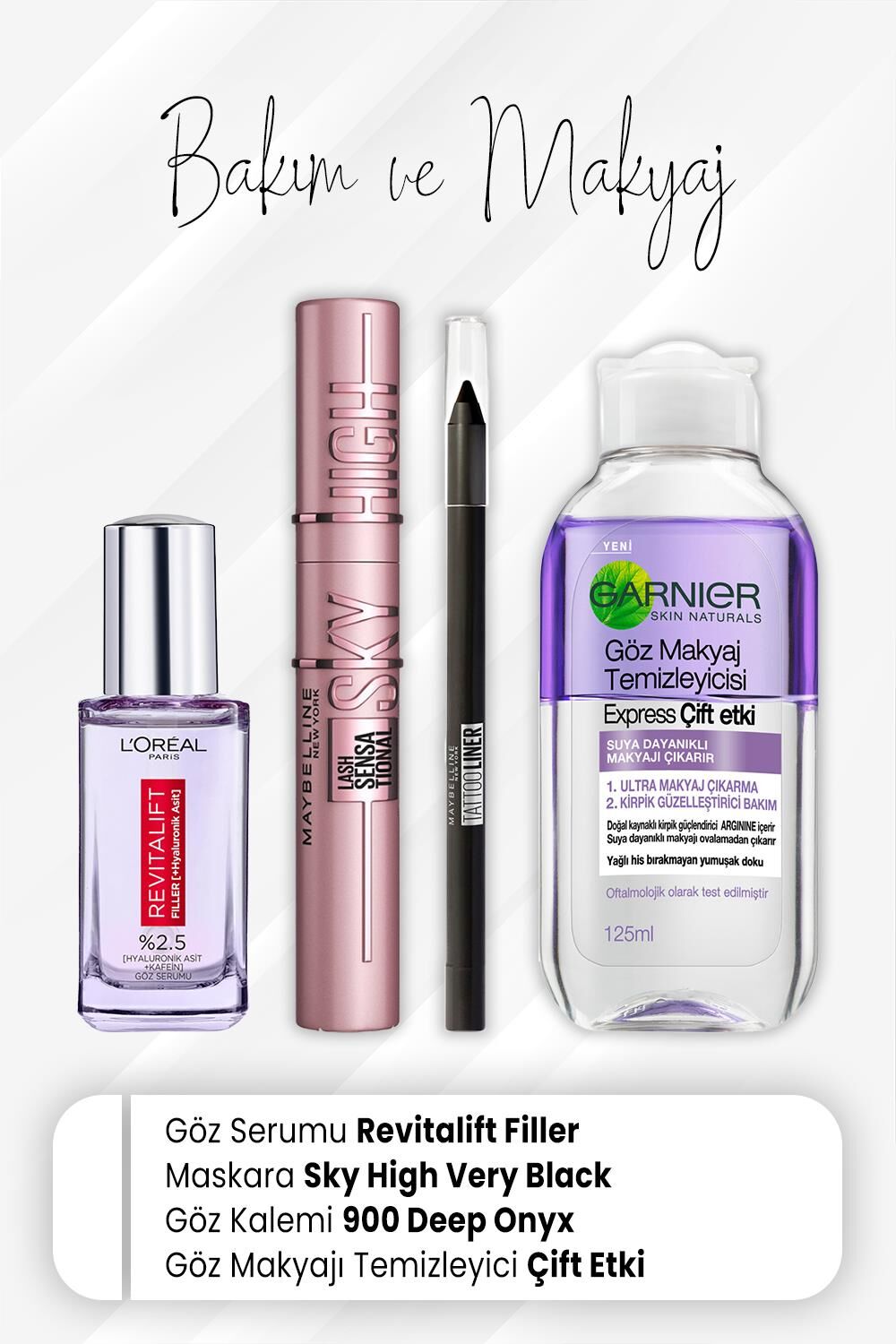 Loreal Paris Revitalift Filler Göz Serumu, Sky High Very Black, Göz Kalemi 900 Deep Onyx ve Express Çift Etki 125 ml