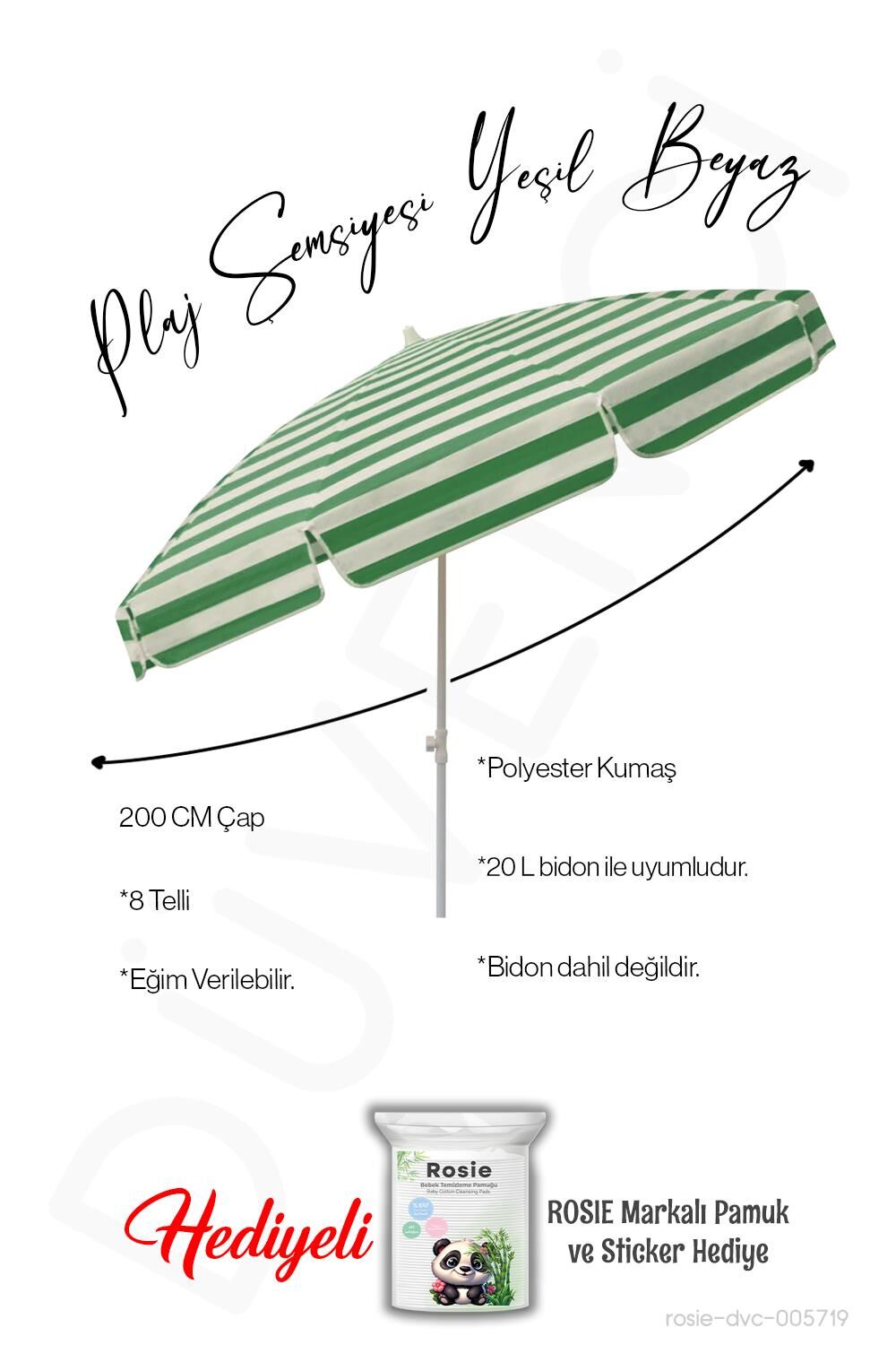 Plaj Şemsiyesi 200 CM Çap Yeşil Beyaz 8 Telli Eğim Verilir BİDONSUZ ve rosie hediye