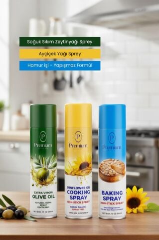 Premium Sprey Yağ Serisi, Zeytinyağı, Ayçiçek Yağı ve Hamur İşleri için Bitkisel Yağ, 250 ML Sprey Şişelerde