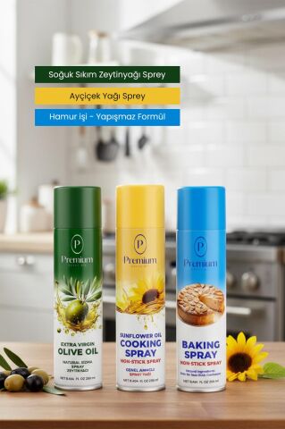 Premium Sprey Yağ Serisi, Zeytinyağı, Ayçiçek Yağı ve Hamur İşleri için Bitkisel Yağ, 250 ML Sprey Şişelerde