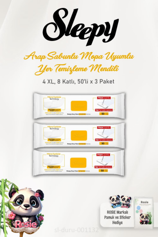 Sleepy 3'lü Arap Sabunu Katkılı Mopa Uyumlu 4 XLarge Yer Temizlik Havlusu 50 Yaprak ve ROSIE Pamuk