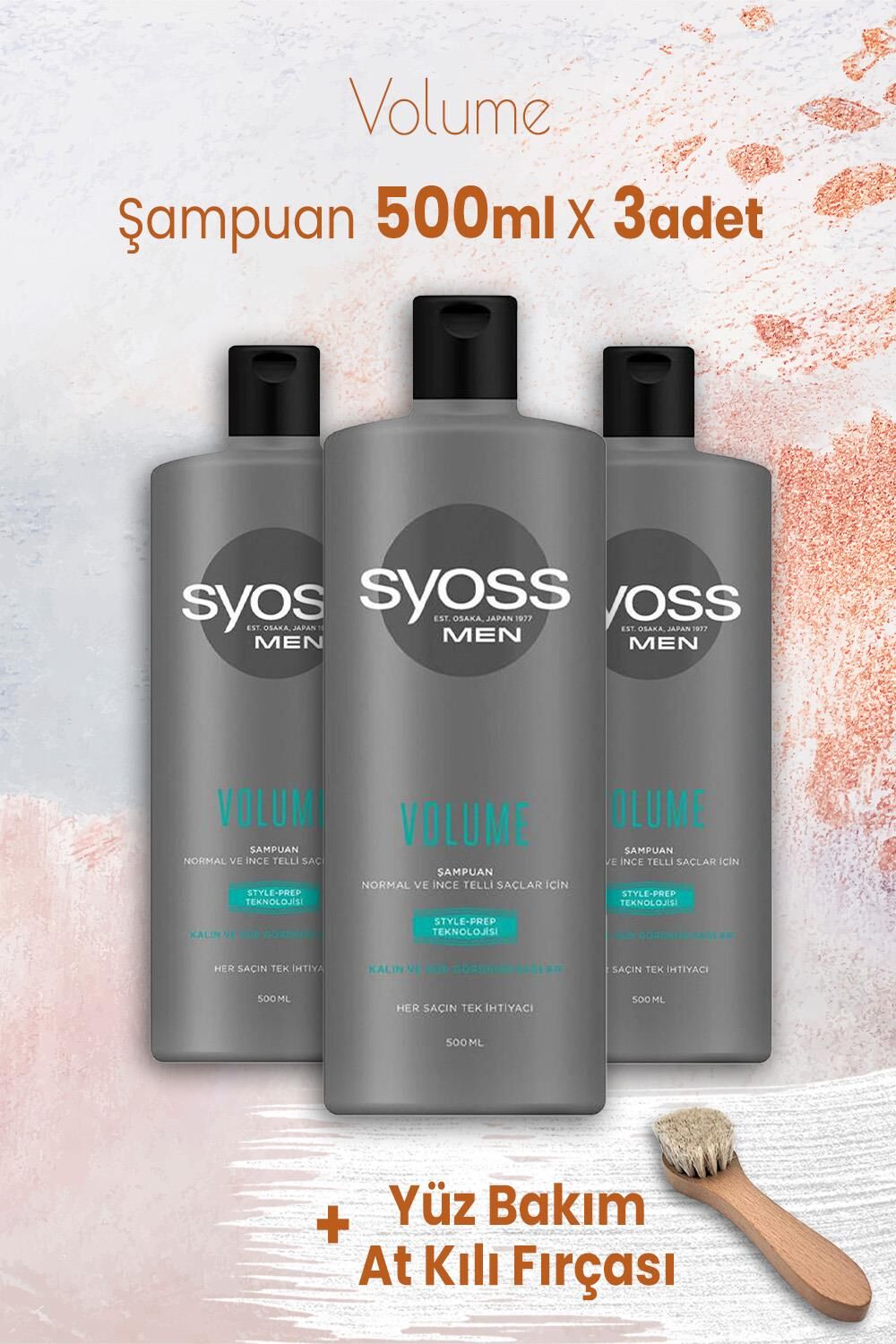 Syoss Men Volume Şampuan 500 ml x 3 Adet ve Yüz Bakım At Kılı Fırçası