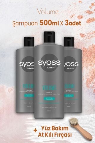 Syoss Men Volume Şampuan 500 ml x 3 Adet ve Yüz Bakım At Kılı Fırçası