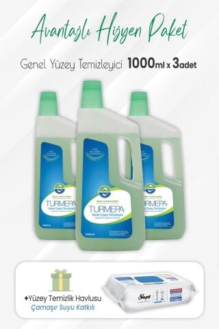 Turmepa Genel Yüzey Temizleyici 1000 ml x 3 Adet ve Çamaşır Sulu Yüzey Temizlik 100' lü