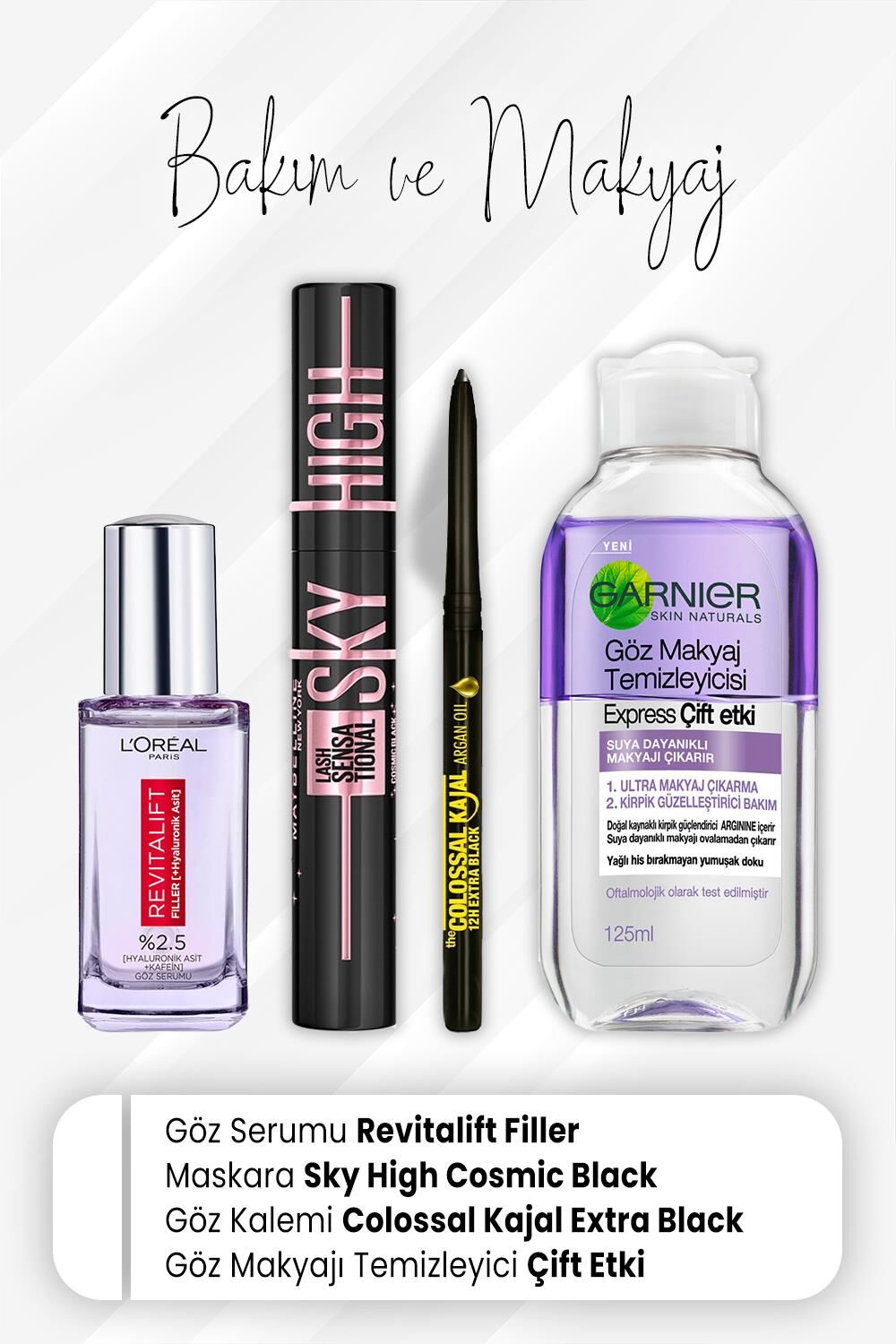 Loreal Paris Revitalift Göz Serumu 20 ml, Sky High Cosmic Black, Colossal Kajal Extra Black ve Express Çift Etki 125 ml
