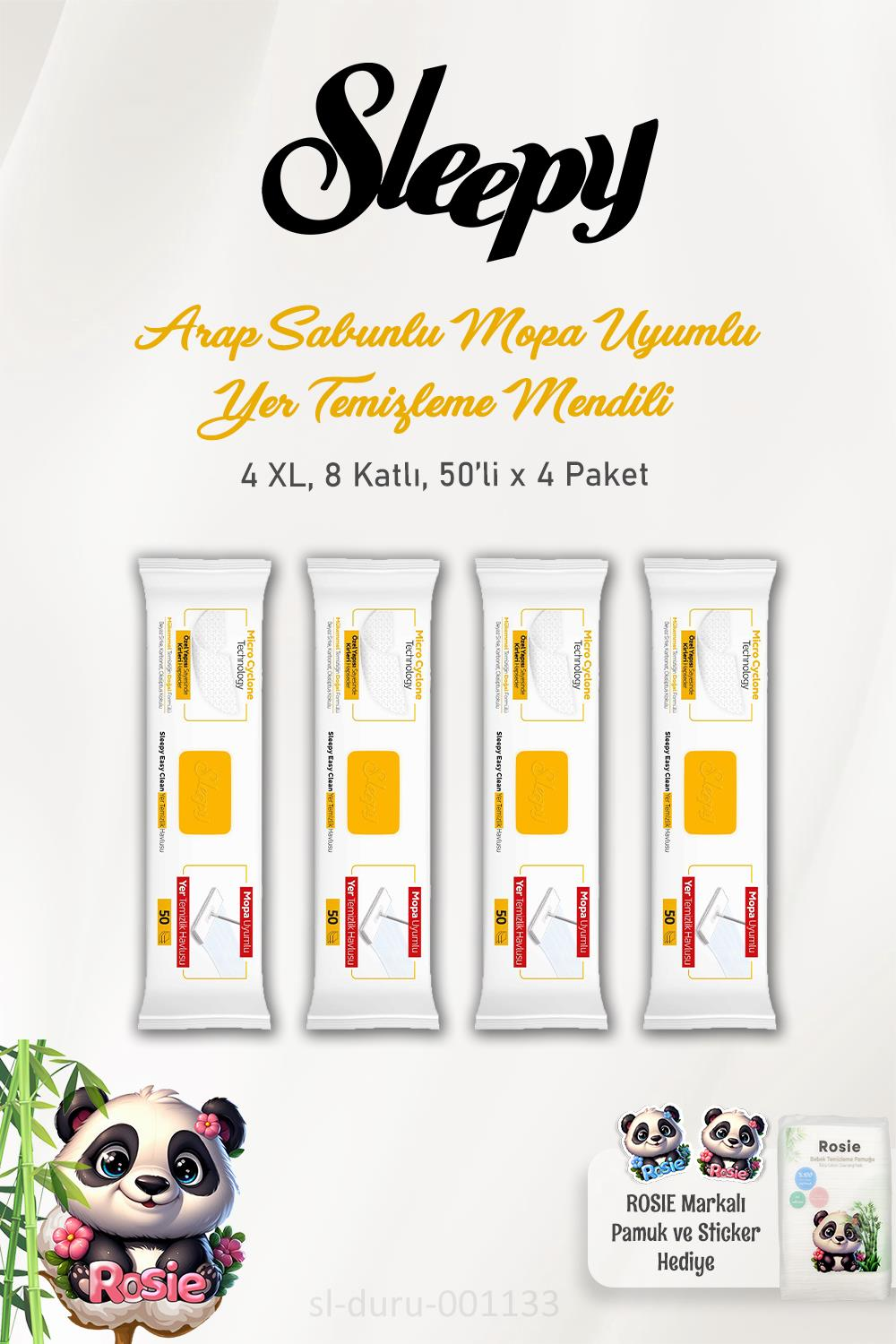 Sleepy 4'lü Arap Sabunu Katkılı Mopa Uyumlu 4 XLarge Yer Temizlik Havlusu 50 Yaprak ve ROSIE Pamuk