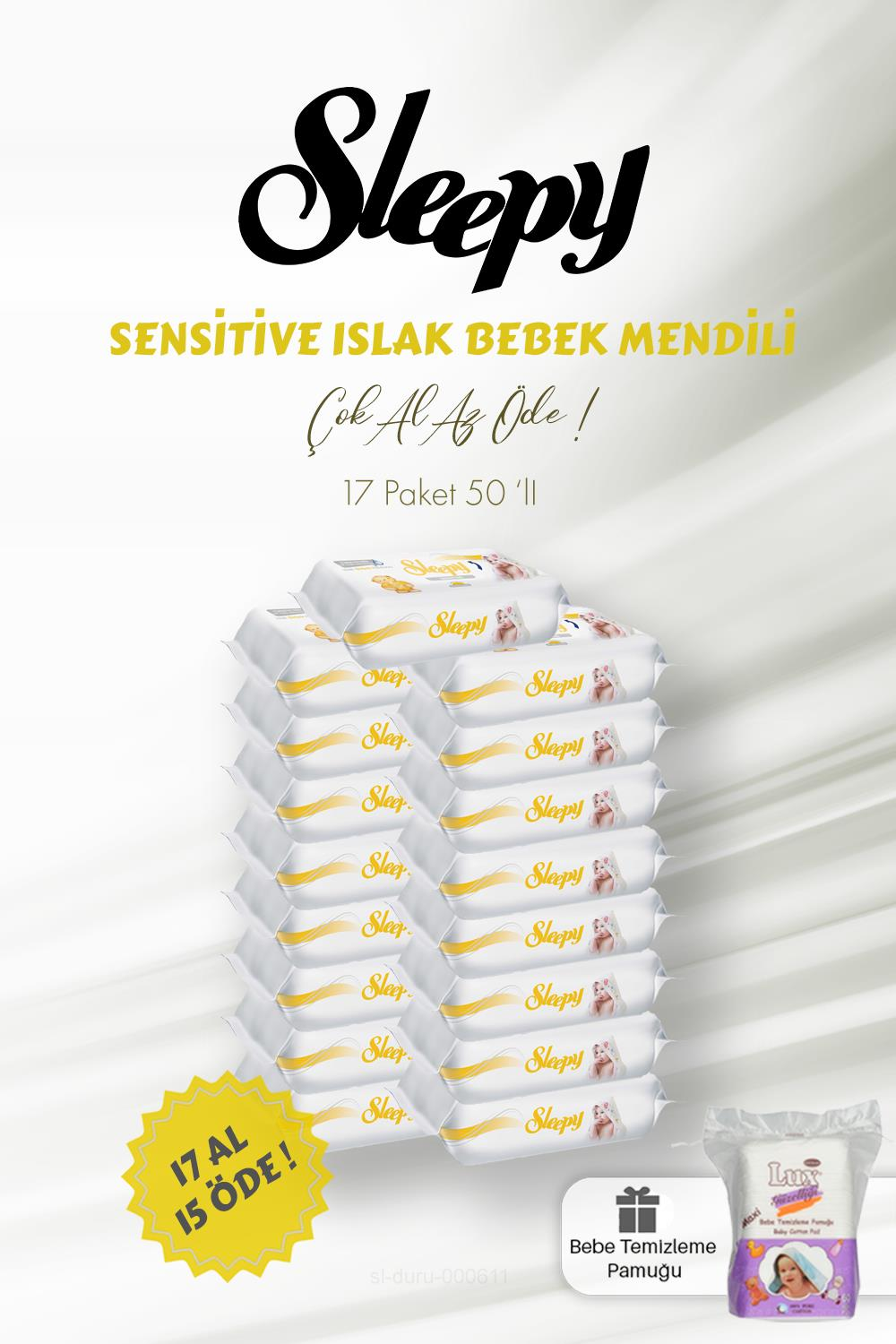 Sleepy Sensitive 17 AL 15 ÖDE 50'li Islak Bebek Mendili ve Bebe Temizleme Pamuğu
