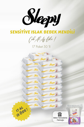 Sleepy Sensitive 17 AL 15 ÖDE 50'li Islak Bebek Mendili ve Bebe Temizleme Pamuğu