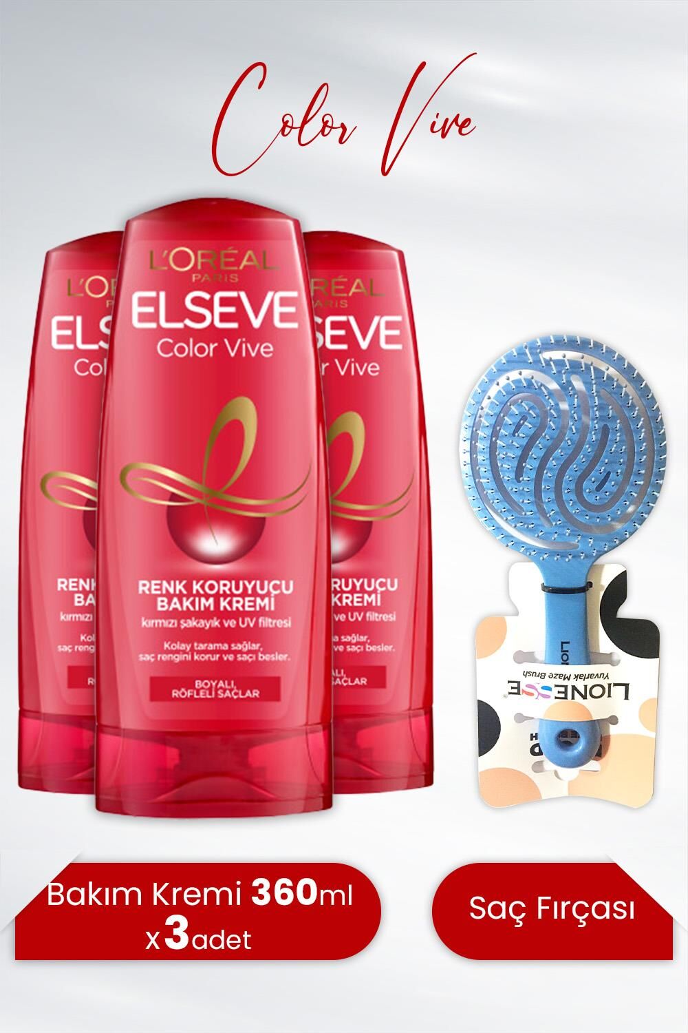 Elseve Color Vive Renk Koruyucu Bakım Kremi 360 ml x 3 Adet ve Tarko Saç Fırçası Yuvarlak Mavi