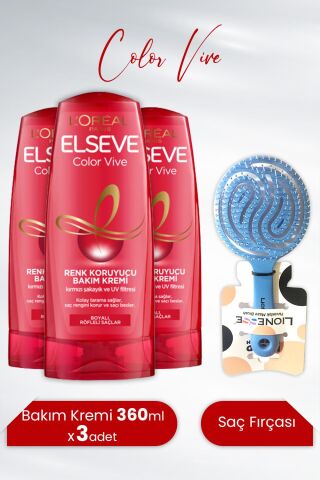 Elseve Color Vive Renk Koruyucu Bakım Kremi 360 ml x 3 Adet ve Tarko Saç Fırçası Yuvarlak Mavi