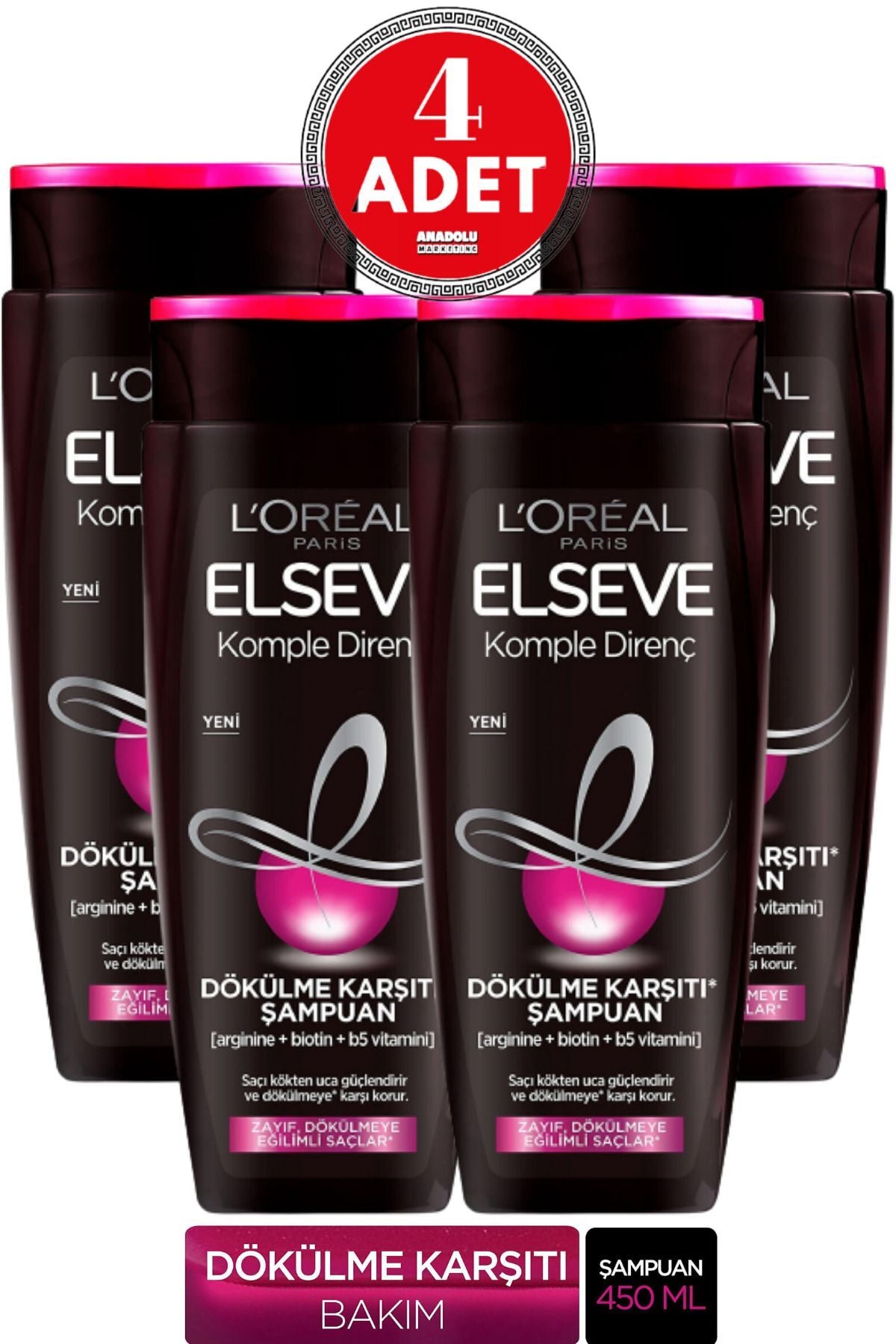 Elseve L'Oréal Paris Elseve Arginine Direnç Dökülme Karşıtı Şampuan 450 ml 4 Adet