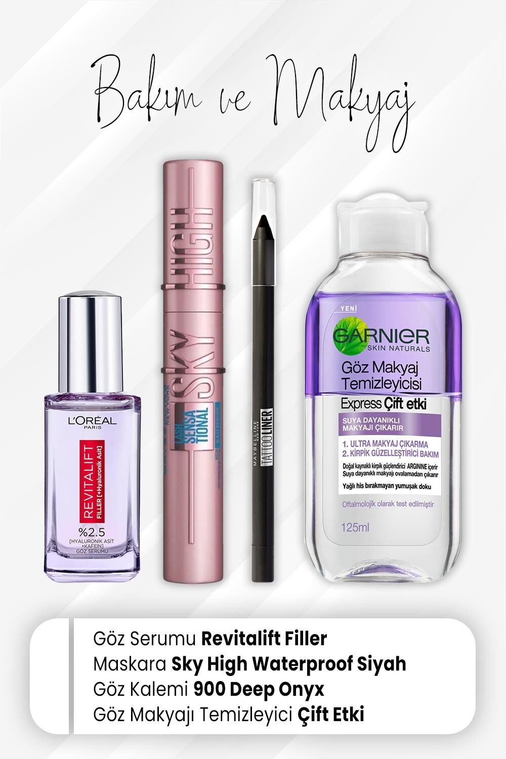 Loreal Paris Göz Serumu Revitalift Filler 20 ml, Sky High Waterproof, Tattoo Liner 900 Deep Onyx ve Express Çift Etki 125 ml