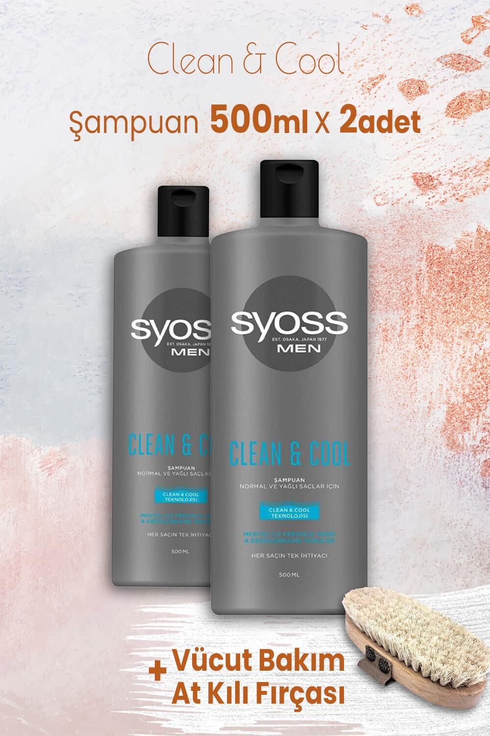 Syoss Men Clean & Cool Şampuan 500 ml x 2 Adet ve Vücut Bakım At Kılı Fırçası