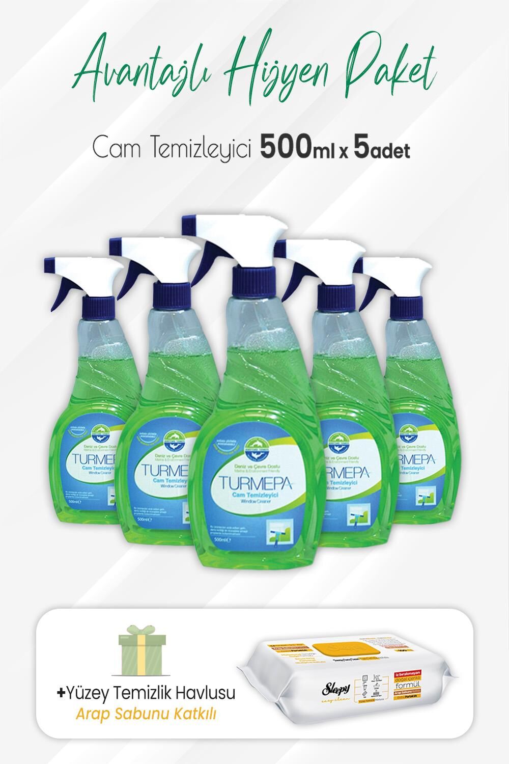 Turmepa Cam Temizleyici 500 ml x 5 Adet ve Arap Sabunlu Yüzey Temizlik 100' lü