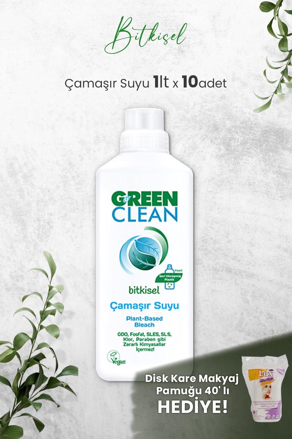 U Green Clean Bitkisel Çamaşır Suyu 1 L x 10 Adet ve Hediyeli